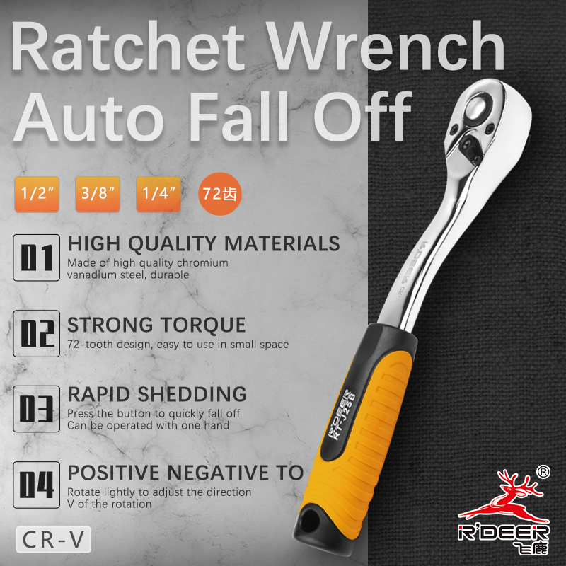 R'DEER 72-Tooth Auto-Release Ratchet Wrench Set (CR-V) - 1/4", 3/8", 1/2" Drive
