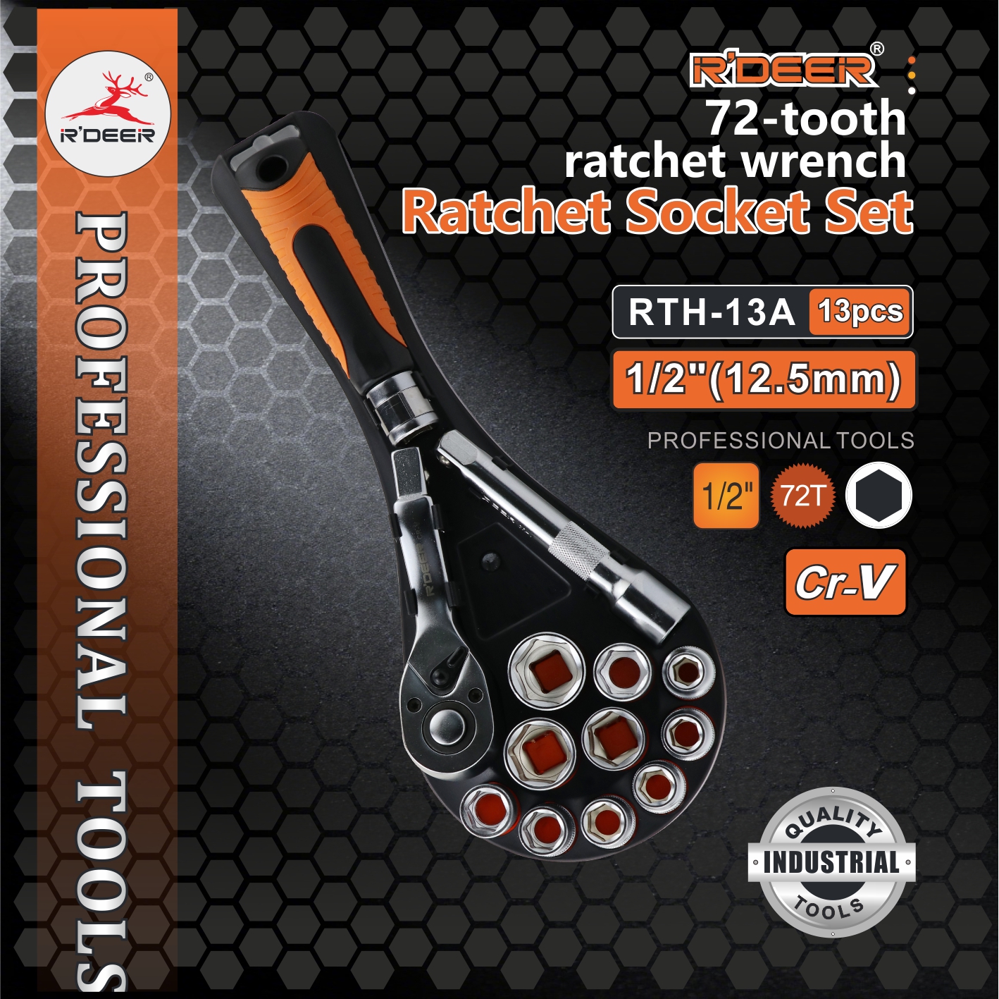 13-piece 12.5MM Series Ratchet Socket Set (72-tooth, Chrome Vanadium Steel)